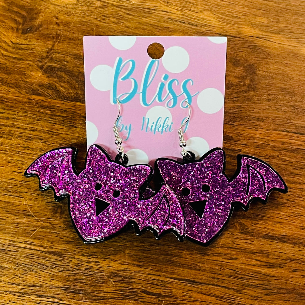 Purple Glitter Bat Acrylic Statement Earrings