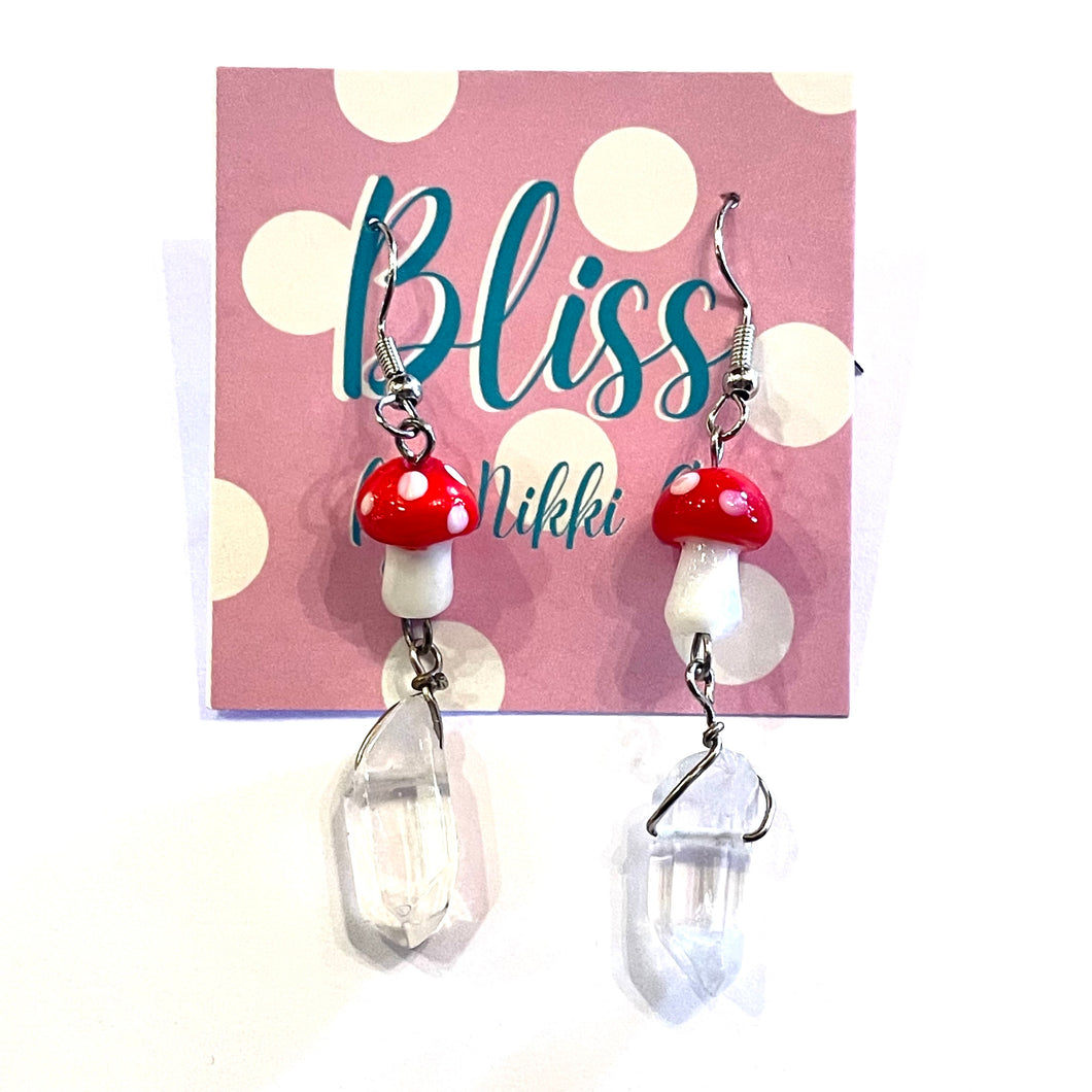 Red Cap Mushroom and Quartz Statement Earrings