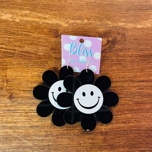 Black and White Smiley Face Flower Acrylic Statement Earrings