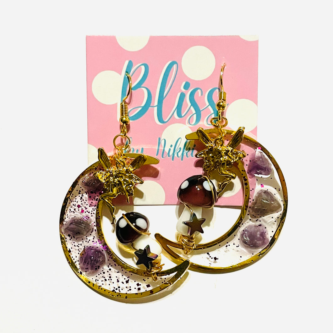 Crescent Moon, Fairies, and Mushrooms Gold Statement Earrings