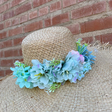 Load image into Gallery viewer, Tan Straw Sun Hat with Blue Flower Crown Accent
