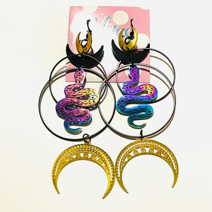 Encircled Oil Spill Snake, Gold Horn, and Moon Phases Statement Earrings