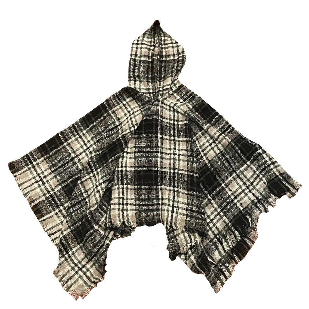 Green Plaid Fringy Warm Poncho with Hood