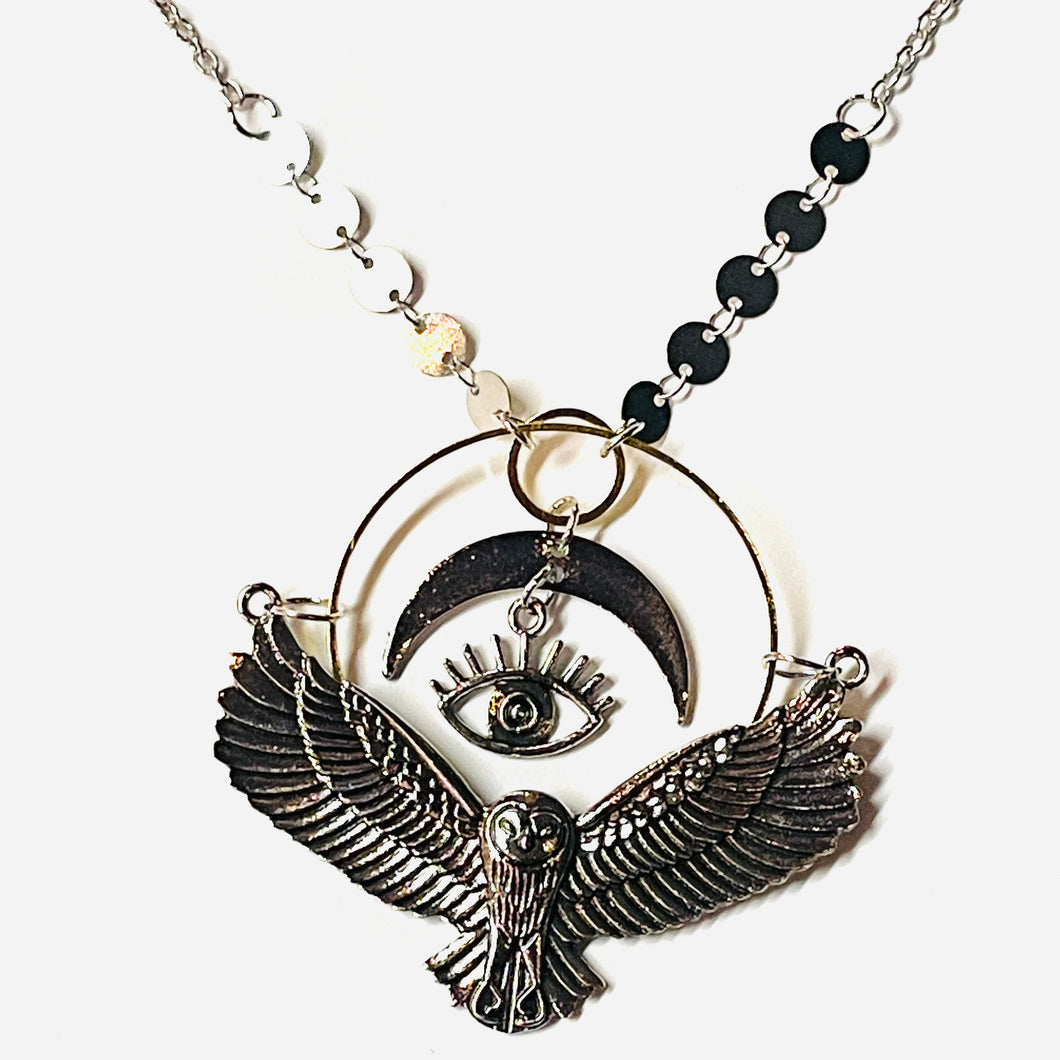 Flying Owl, Eye, Circles, and Spikes Necklace