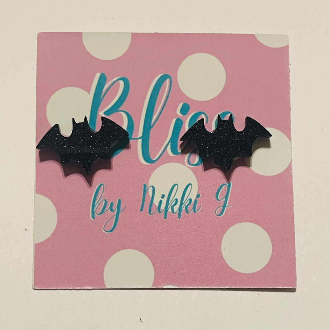 Teeny Black Glitter Bat Stud Earrings