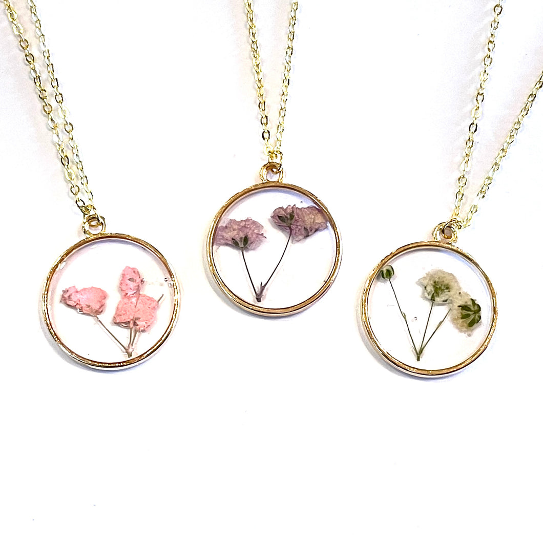 Round Flower Pressed in Resin Pendant Necklace- More Styles Available!