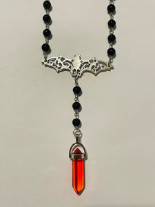 Filigree Bat and Red Crystal Rosary Style Necklace