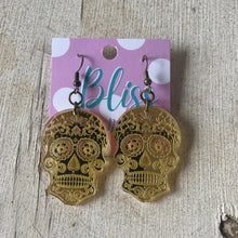 Load image into Gallery viewer, Gold Metallic Etched Sugar Skull Acrylic Statement Earrings- More Styles Available!
