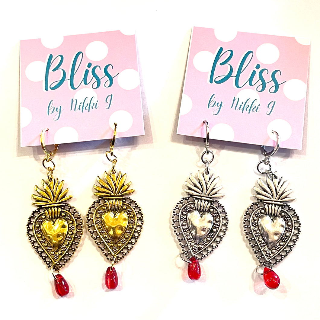 Sacred Heart with Red Drop Statement Earrings