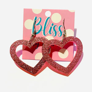 Pink Glitter Heart Outline Acrylic Statement Earrings