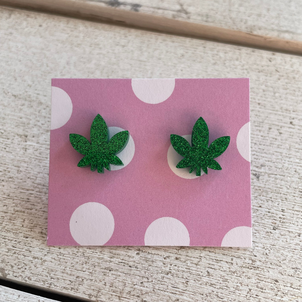 Green Glitter Cannabis Leaf Stud Earrings
