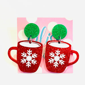 Red Snowflake Cocoa Cup Acrylic Statement Earrings