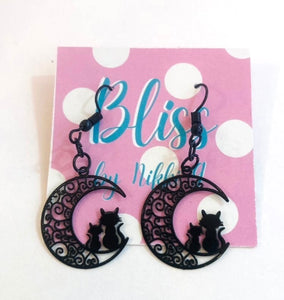 Delicate Black Filigree Moon Cat Earrings
