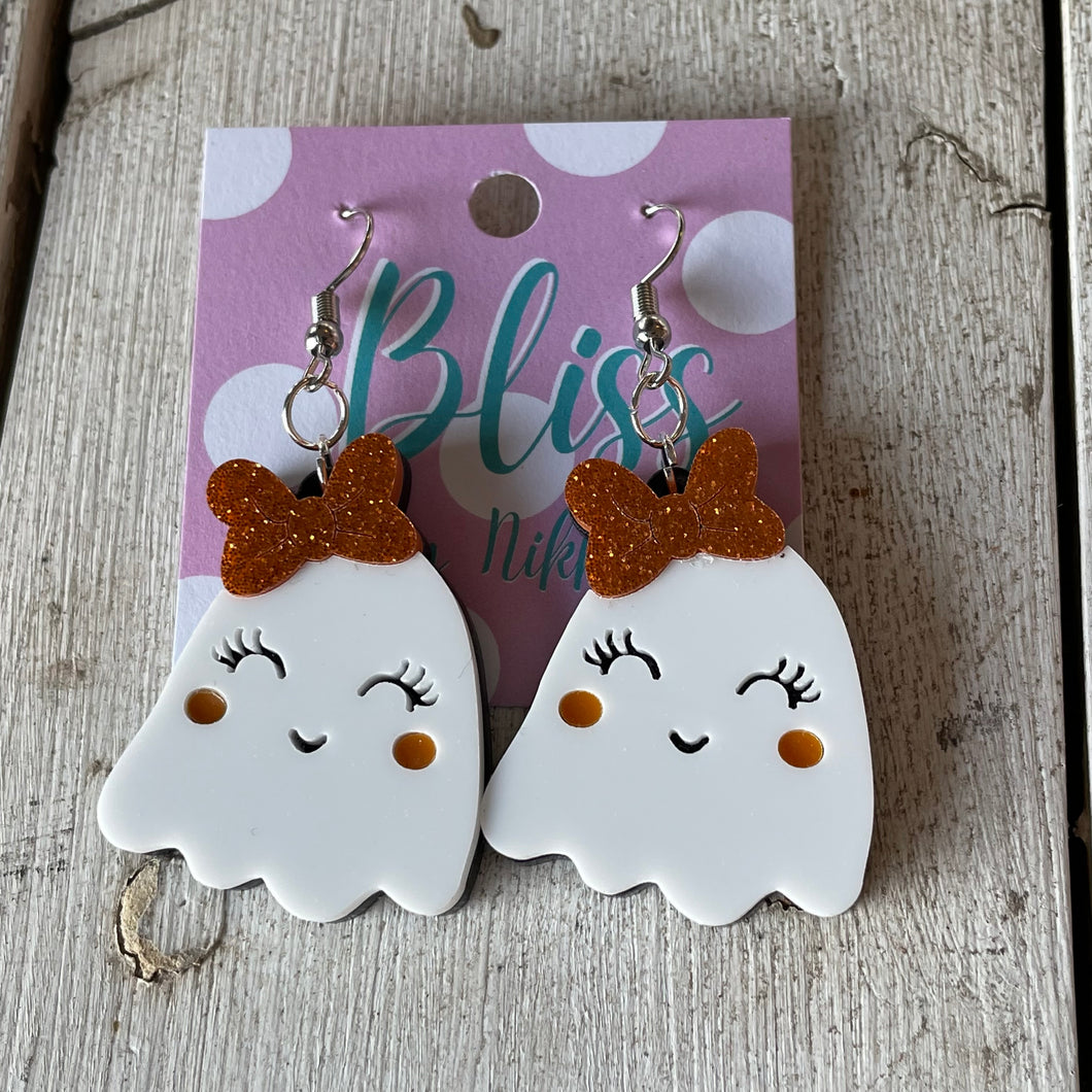 Ghost with Orange Bow Acrylic Statement Earrings