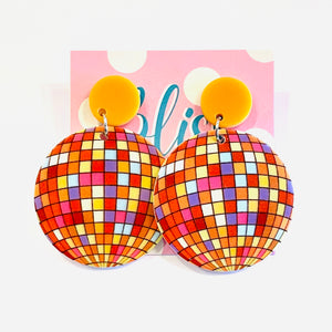 Pink and Orange Disco Ball Statement Earrings
