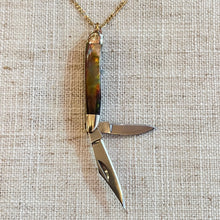 Load image into Gallery viewer, Double Blade Mother of Pearl Miniature Pocket Knife Necklace

