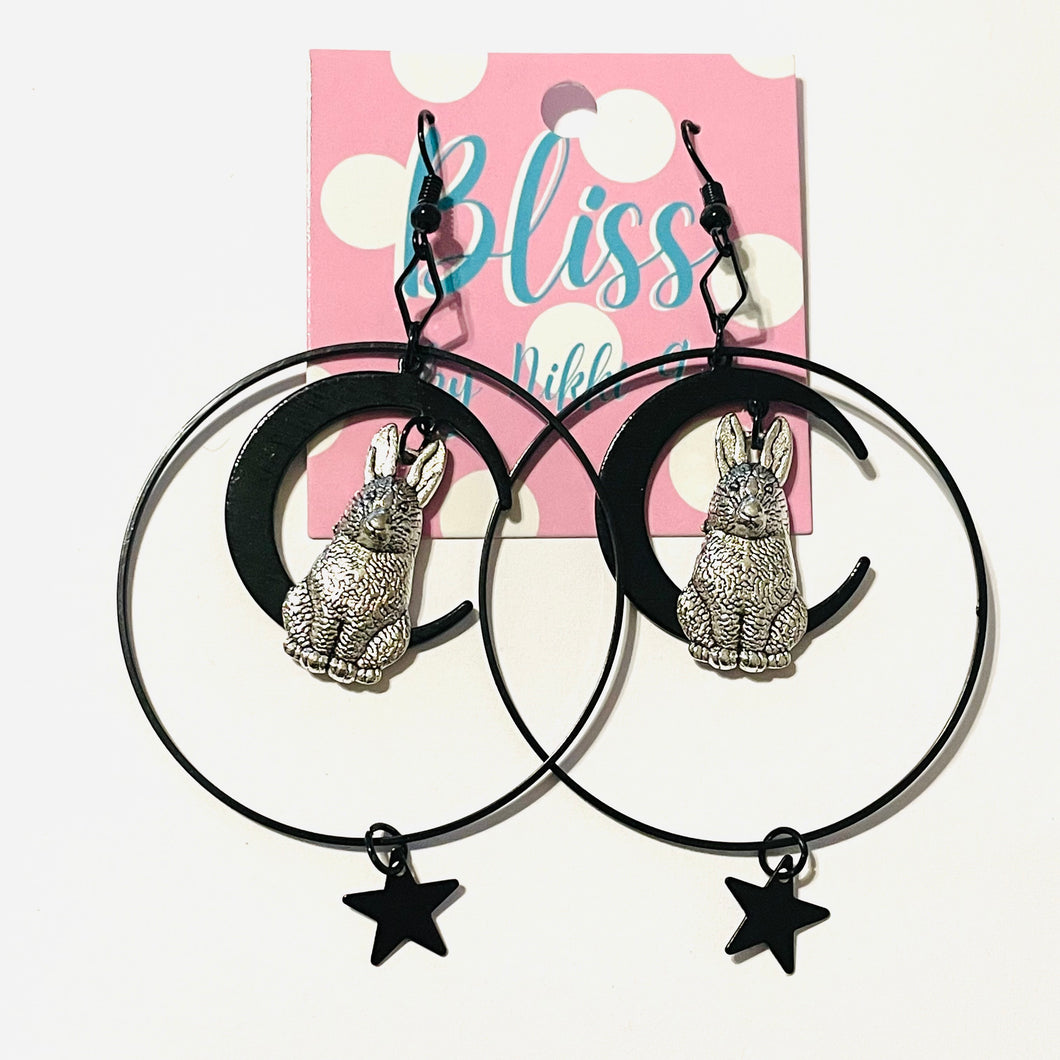 Moon, Star, and Encircled Rabbit Statement Earrings