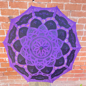 Black and Purple Battenberg and Embroidery Lace Cotton Parasol