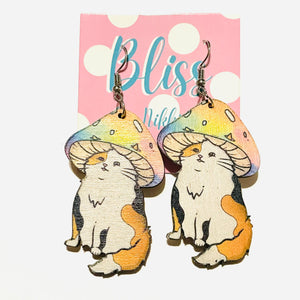 Mushroom Cat Wood Statement Earrings