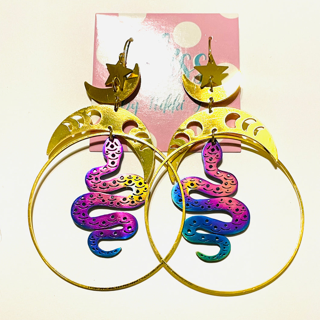 Encircled Oil Spill Snake and Gold Horns Statement Earrings