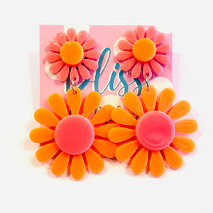 Neon Pink and Orange Daisy Acrylic Statement Earrings