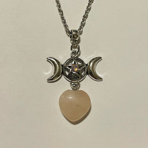 Rose Quartz Triple Pentagram Moon Necklace