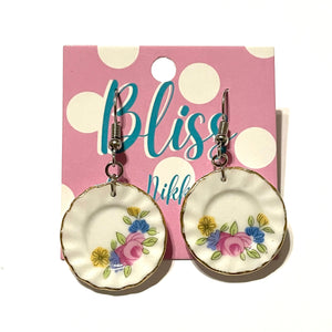Mini Floral China Plates Statement Earrings