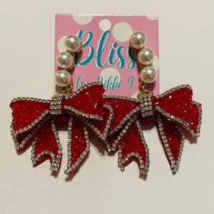 Pearl Stack and Red Gem Bows Statement Earrings
