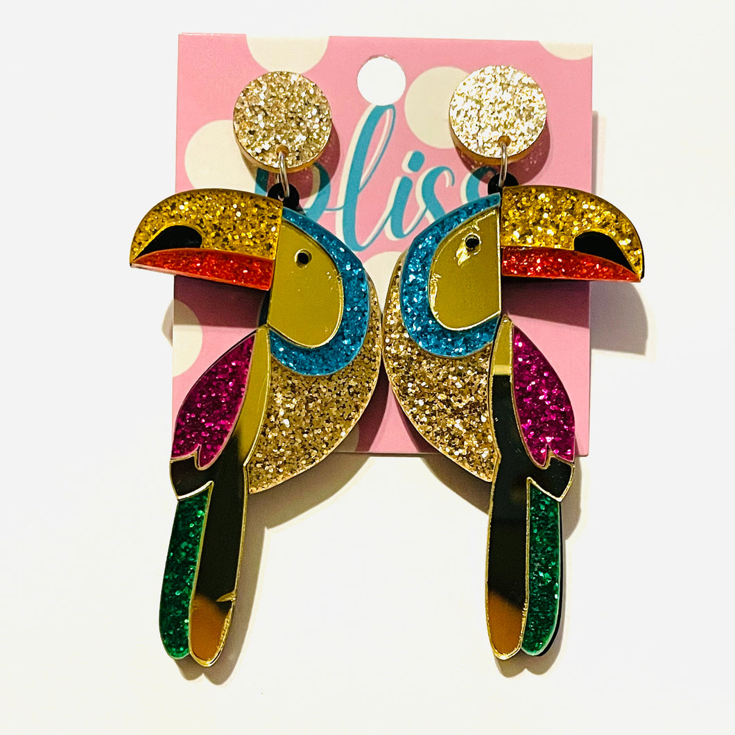 Colorful Glitter Toucans Acrylic Statement Earrings