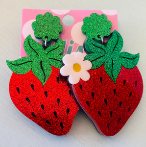 Strawberry Flower Glitter Acrylic Statement Earrings