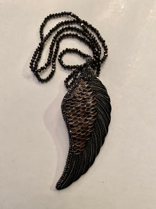 Large Carved Wing Pendant on Small Hematite Bead Chain Statement Necklace