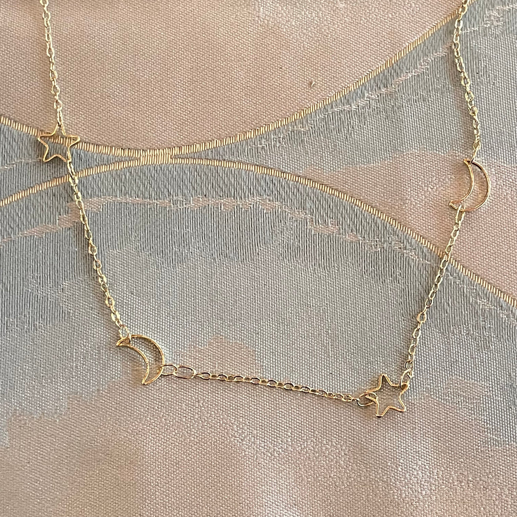 Dainty Moon and Star Outline Chain Necklace