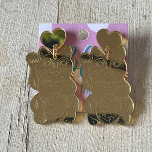 Gold Lucky Cat Acrylic Statement Earrings