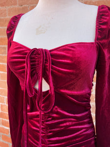 Wine Long Sleeved Ruched Velvet Mini Dress