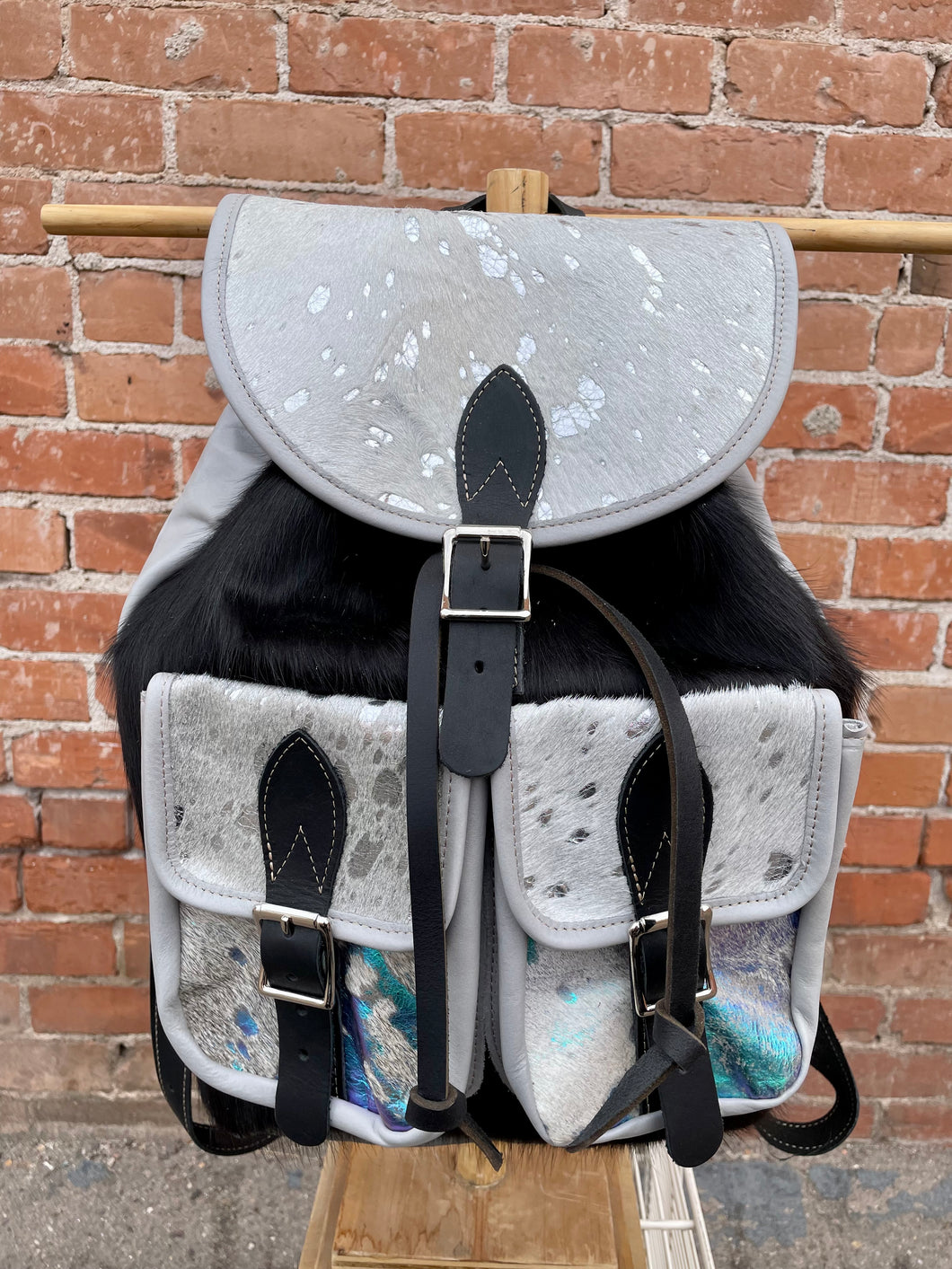 Silver and Black Large Custom Leather OOAK Backpack