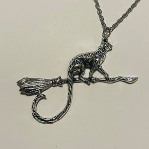 Cat Riding Witch's Broom Necklace