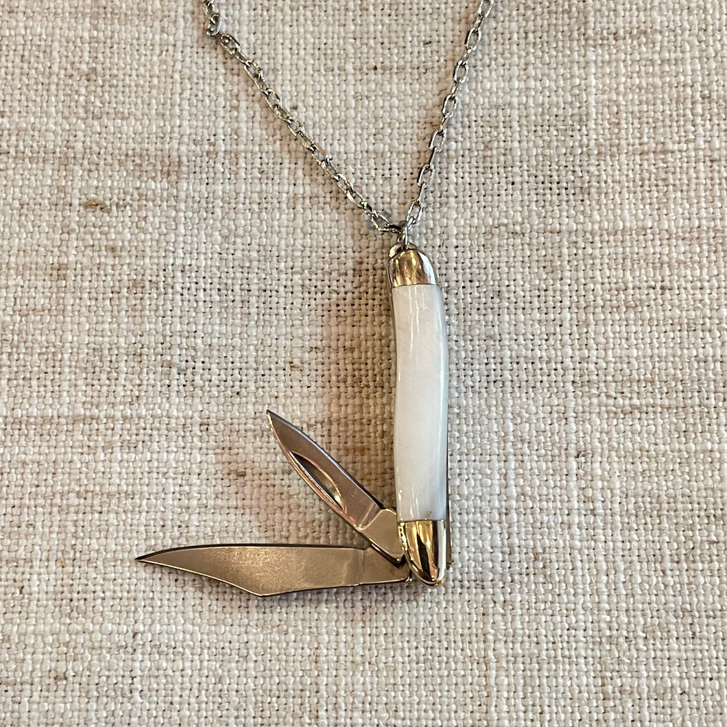 Double Blade Slim White Mother of Pearl Miniature Pocket Knife Necklace