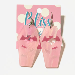 Pink Glitter Coffin with Bat Cutout Acrylic Statement Earrings