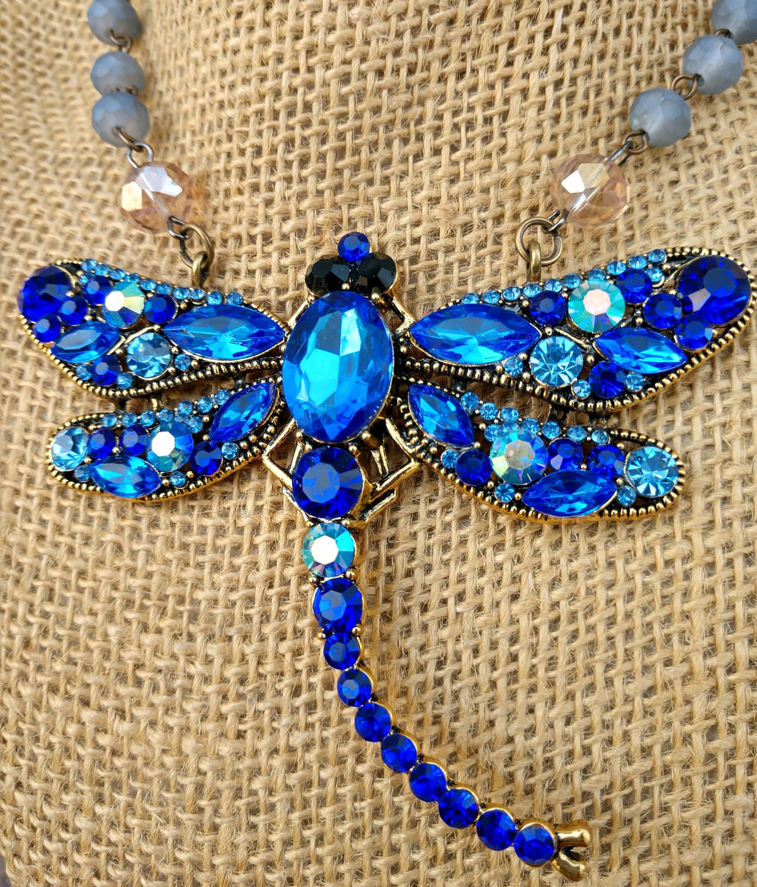 Blue Rhinestone Dragonfly Necklace