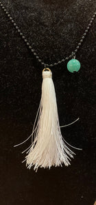White Tassel and Green Bead Necklace
