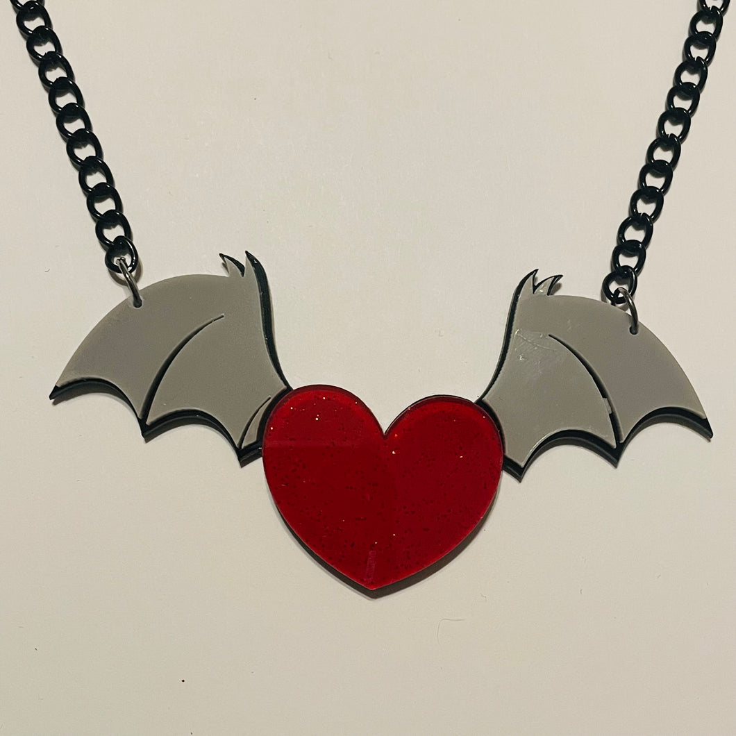 Bat Winged Heart Acrylic Statement Necklace