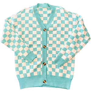 Teal and White Checkered Cardigan