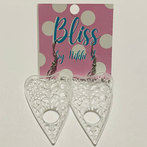 Clear Etched Ouija Planchette Acrylic Statement Earrings