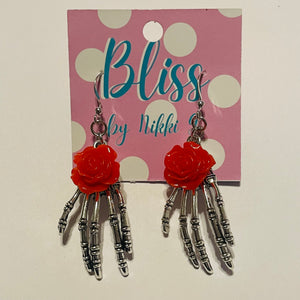 Skeleton Hand with Rose Statement Earrings