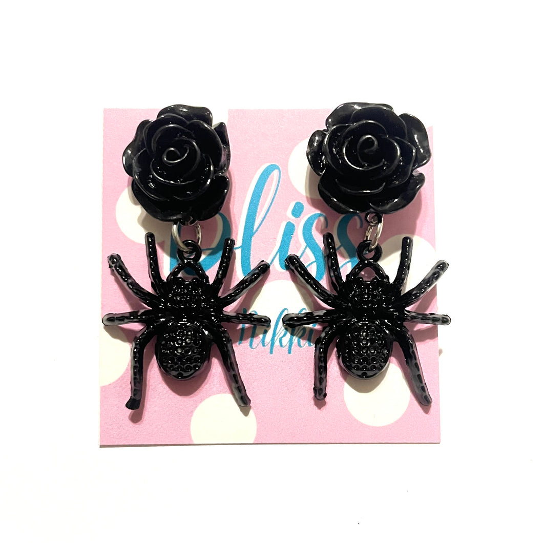 Black Rose and Spider Statement Earrings