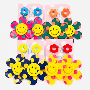 Polka Dot Smiley Face Flower Acrylic Statement Earrings- More Styles Available!