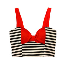 Load image into Gallery viewer, Pin Me Up Red Bow Black and White Striped Crop Top
