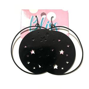 Black Punched Out Crescent Moon and Starry Sky Statement Earrings