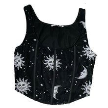 Load image into Gallery viewer, Black Celestial Moon and Stars Print Mesh Sleeveless Crop Top
