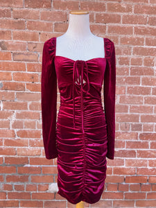 Wine Long Sleeved Ruched Velvet Mini Dress